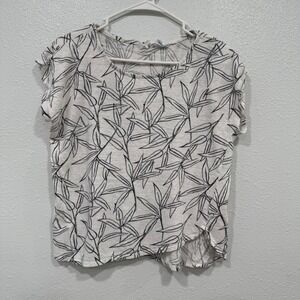 Cynthia Rowley White Black Leaf Print Linen Blend Short Sleeve T Shirt‎ Top XL